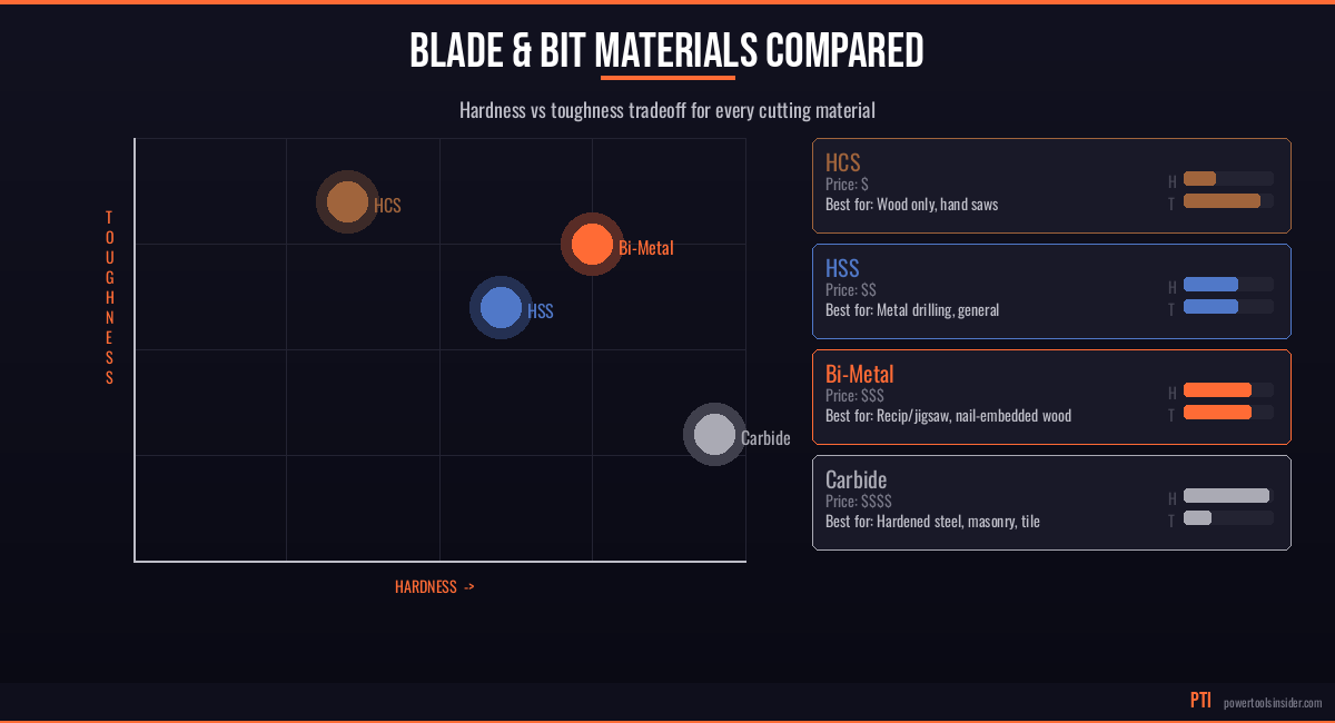 Blade and bit materials comparison showing hardness vs toughness tradeoff