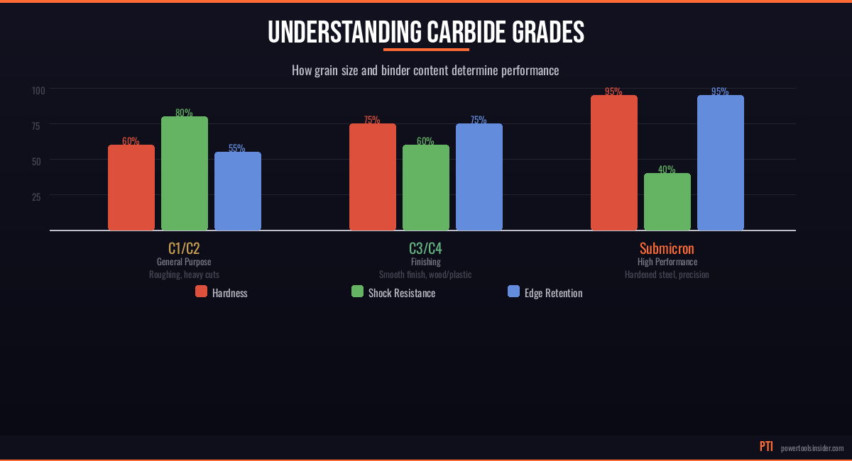 Carbide grades comparison showing hardness, shock resistance, and edge retention