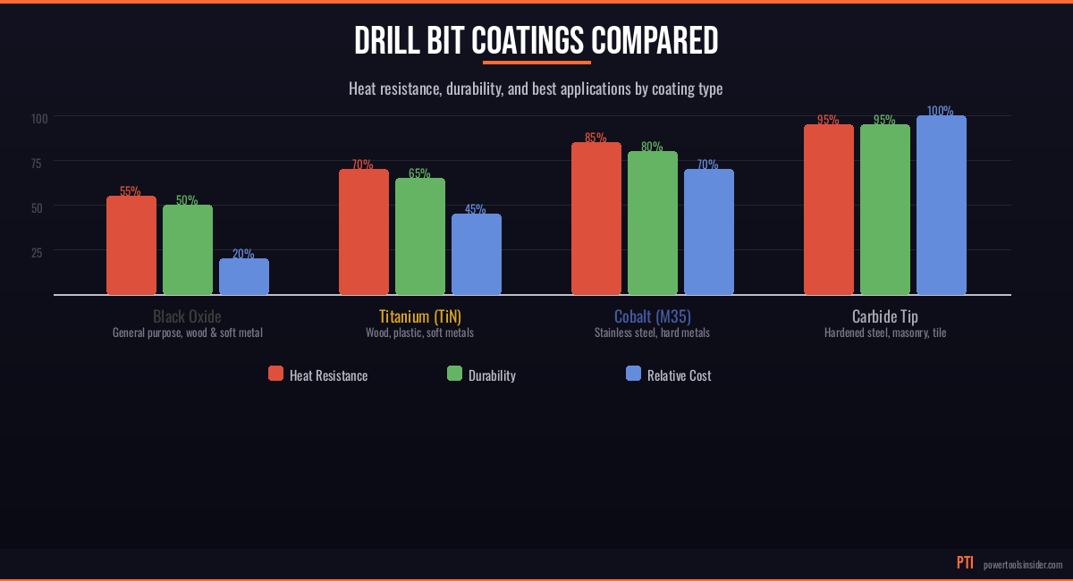 Drill bit coatings comparison chart showing heat resistance, durability, and cost