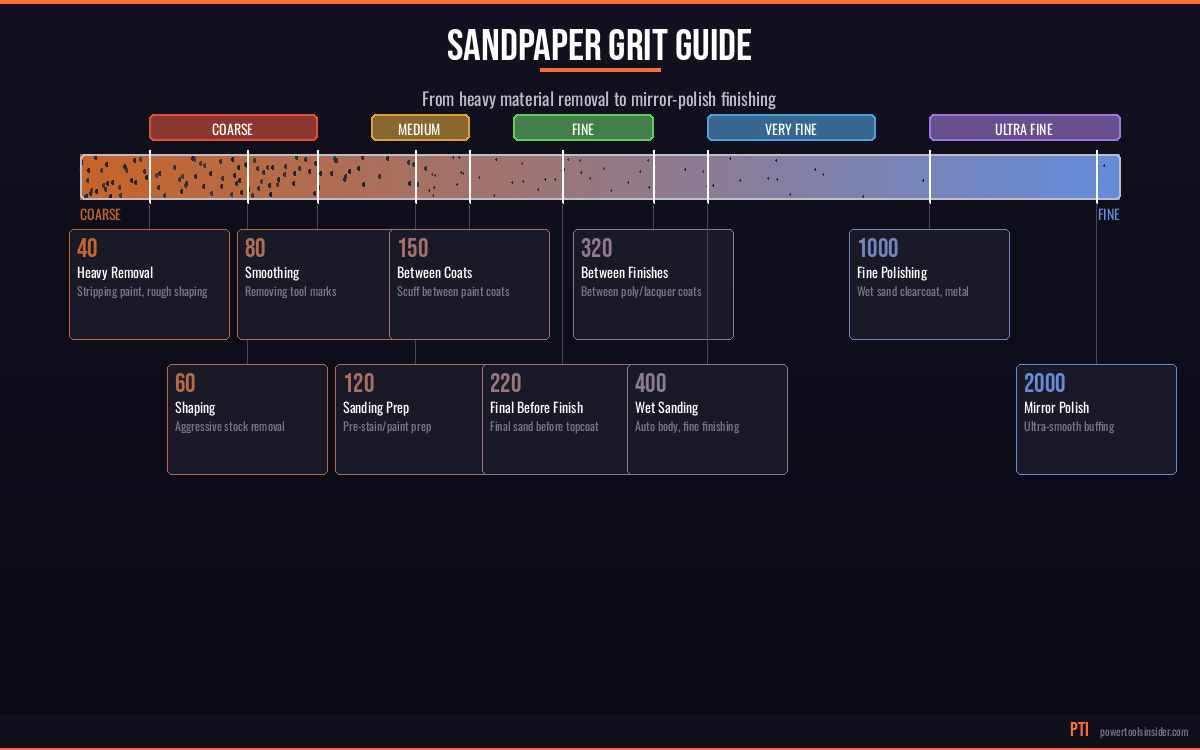 Sandpaper grit scale from 40 coarse to 2000 ultra fine with applications