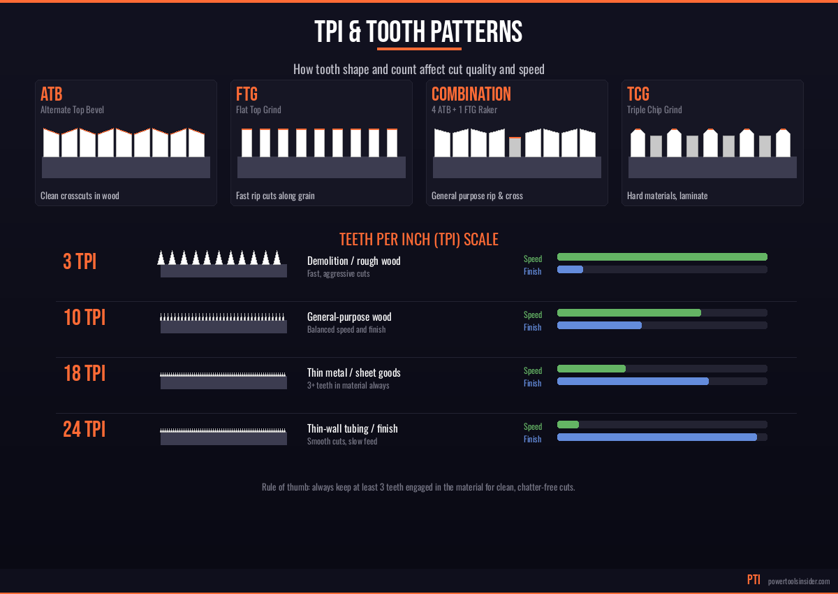 Teeth per inch and tooth pattern guide showing ATB, FTG, Combination, and TCG patterns